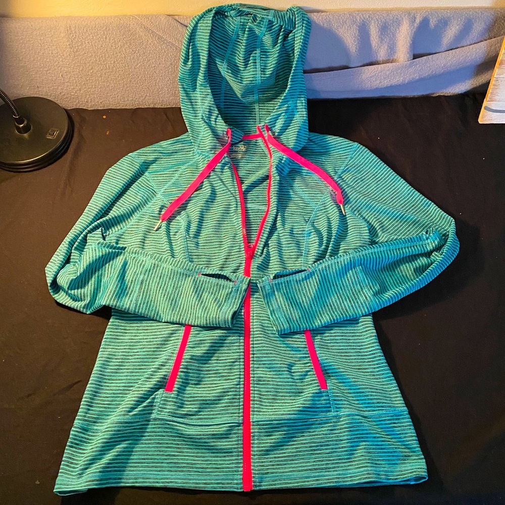 Lukka Women's Teal Striped Hoodie Hot Pink Zipper Jogging Active Jacket Sz Large